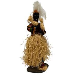 Rare Vintage African Medicine Man Statue Travel Collector Doll Straw Costume